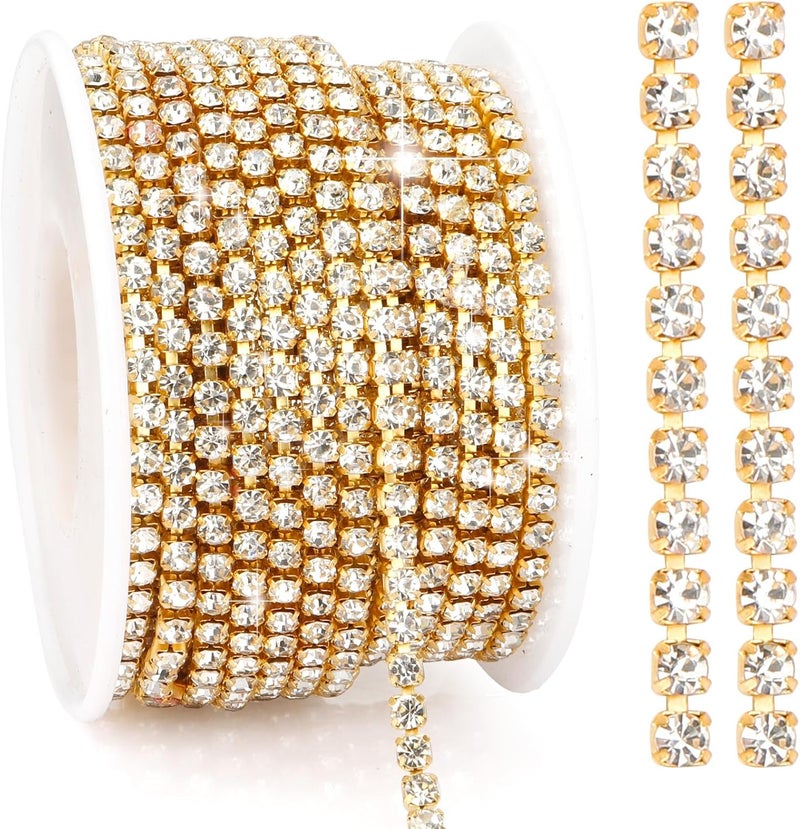 Liwidon Rhinestone Trim, 10 Yards White Gold Bling Diamond Rhinestone Strips 3mm Glitter Crystal Rhinestone Close Chain Ribbon Tape for Sewing DIY Crafting Jewelry - Image 1